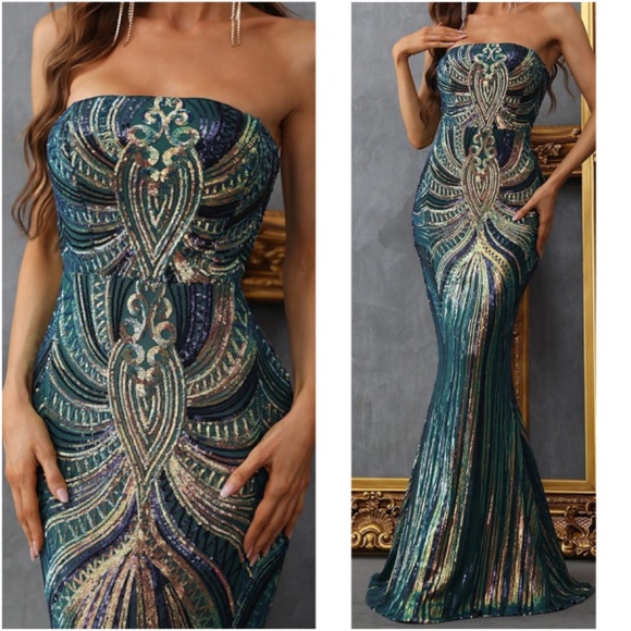 Luxe Sequin Strapless Evening Party Prom Wedding Dress - Picture 5 of 6